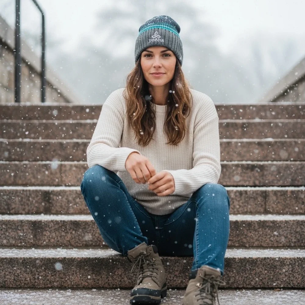 Prana‎ Striped Ribbed Knit Beanie Hat Charcoal Grey Teal Blue Embroidered Logo
